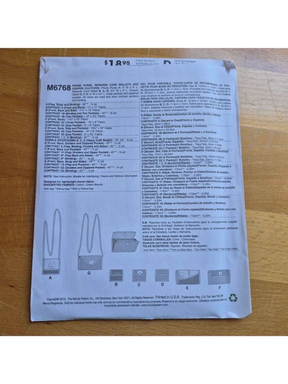 McCalls M6768 Fashion Accessories Sewing Pattern For Phone Purses Wallets & Coup - Picture 2 of 2